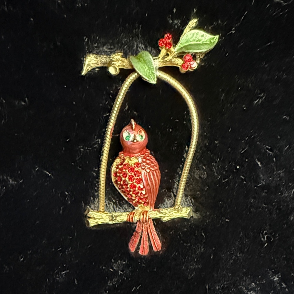 Hard to find JJ: CARDINAL BIRD ON A SWING VINTAGE BROOCH